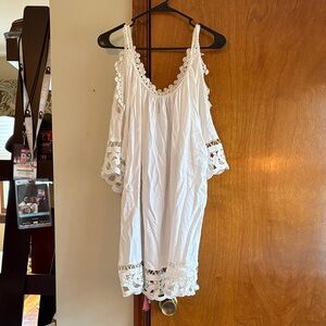 White Lace Trim Cold Shoulder Swim Cover Up